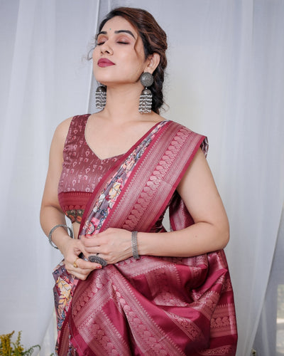 Pure Banarasi Digitally Printed Silk Saree Weaved With Zari Comes With Tassels. - Almaari Fashion