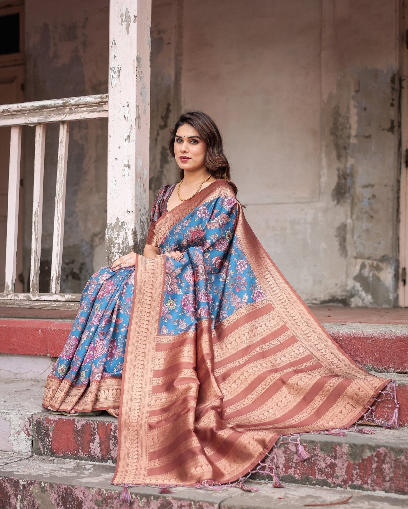 Pure Banarasi Digitally Printed Silk Saree Weaved With Zari Comes With Tassels - Almaari Fashion