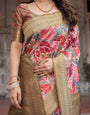 Gold Banarasi Silk Saree with Bold Floral Print and Intricate Zari Border