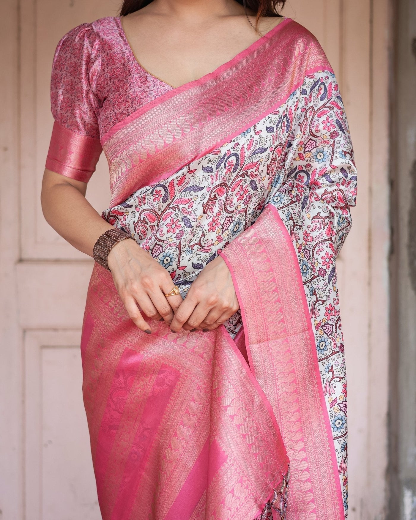 Pure Banarasi Digitally Printed Silk Saree Weaved With Zari Comes With Tassels. - Almaari Fashion