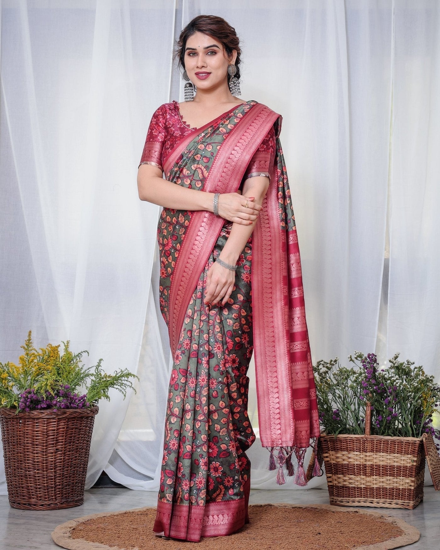 Pure Banarasi Digitally Printed Silk Saree Weaved With Zari Comes With Tassels. - Almaari Fashion