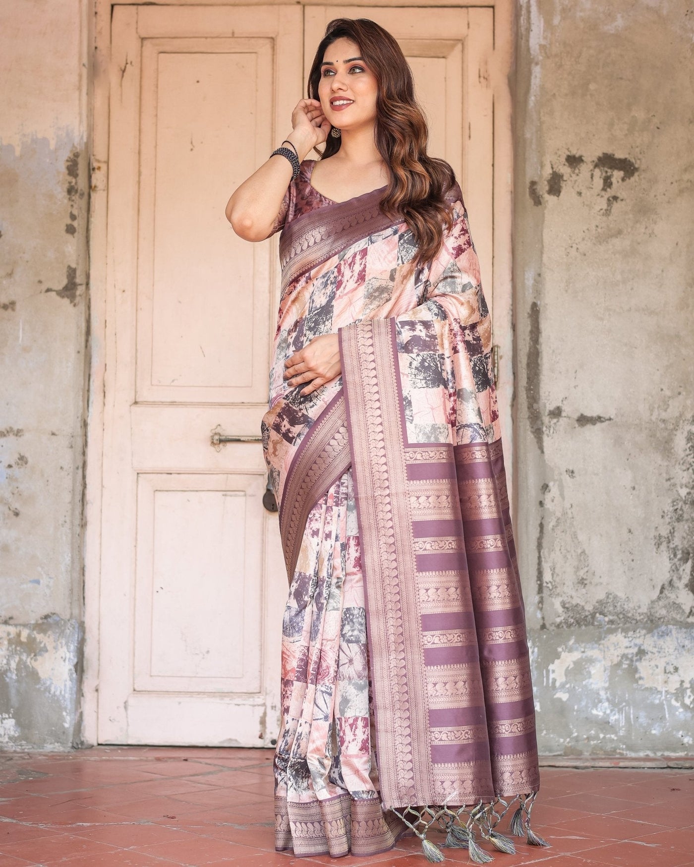 Pure Banarasi Digitally Printed Silk Saree Weaved With Zari Comes With Tassels. - Almaari Fashion