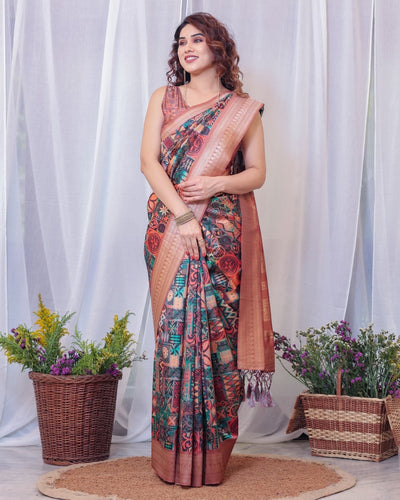 Pure Banarasi Digitally Printed Silk Saree Weaved With Zari Comes With Tassels. - Almaari Fashion