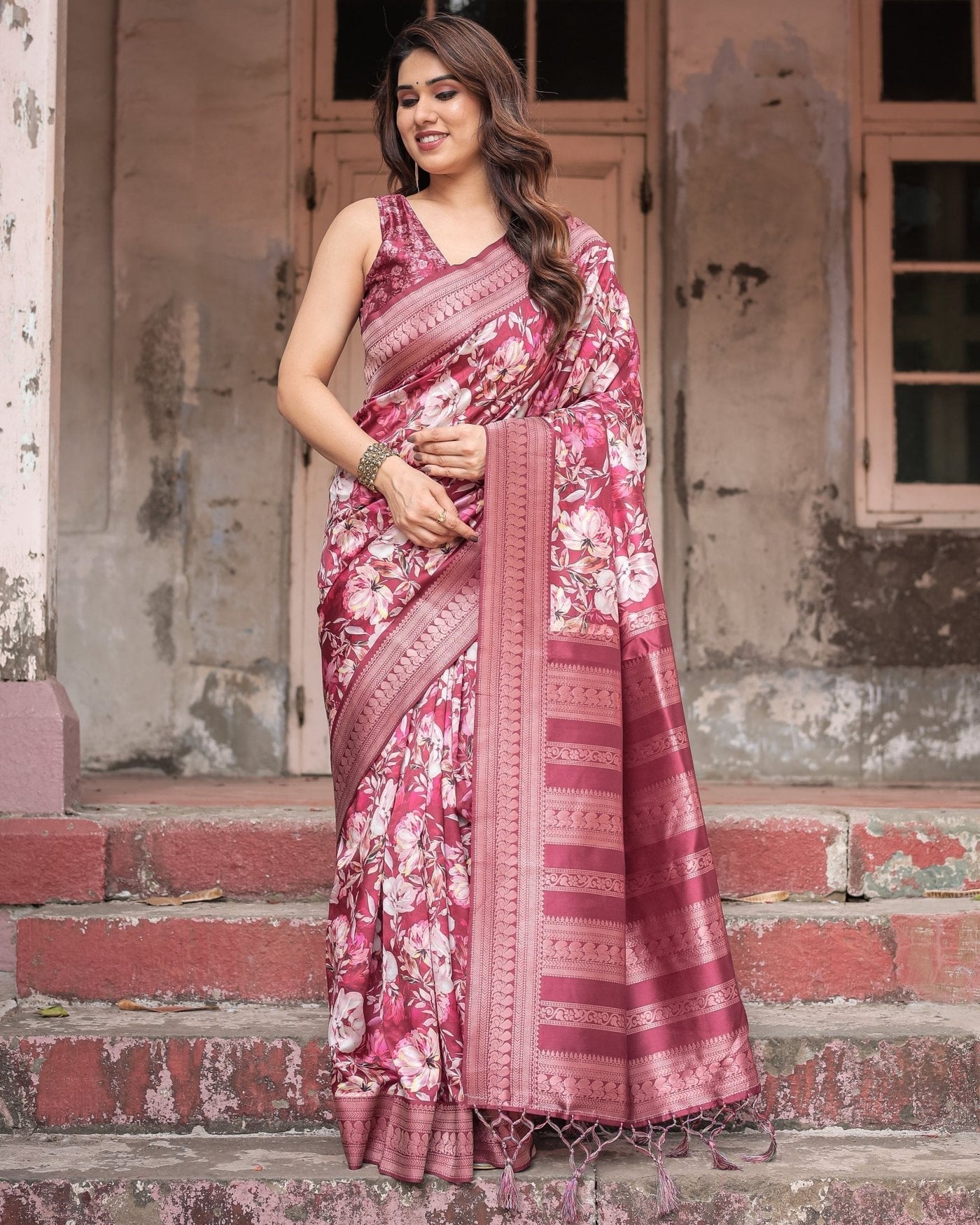 Pure Banarasi Digitally Printed Silk Saree Weaved With Zari Comes With Tassels - Almaari Fashion