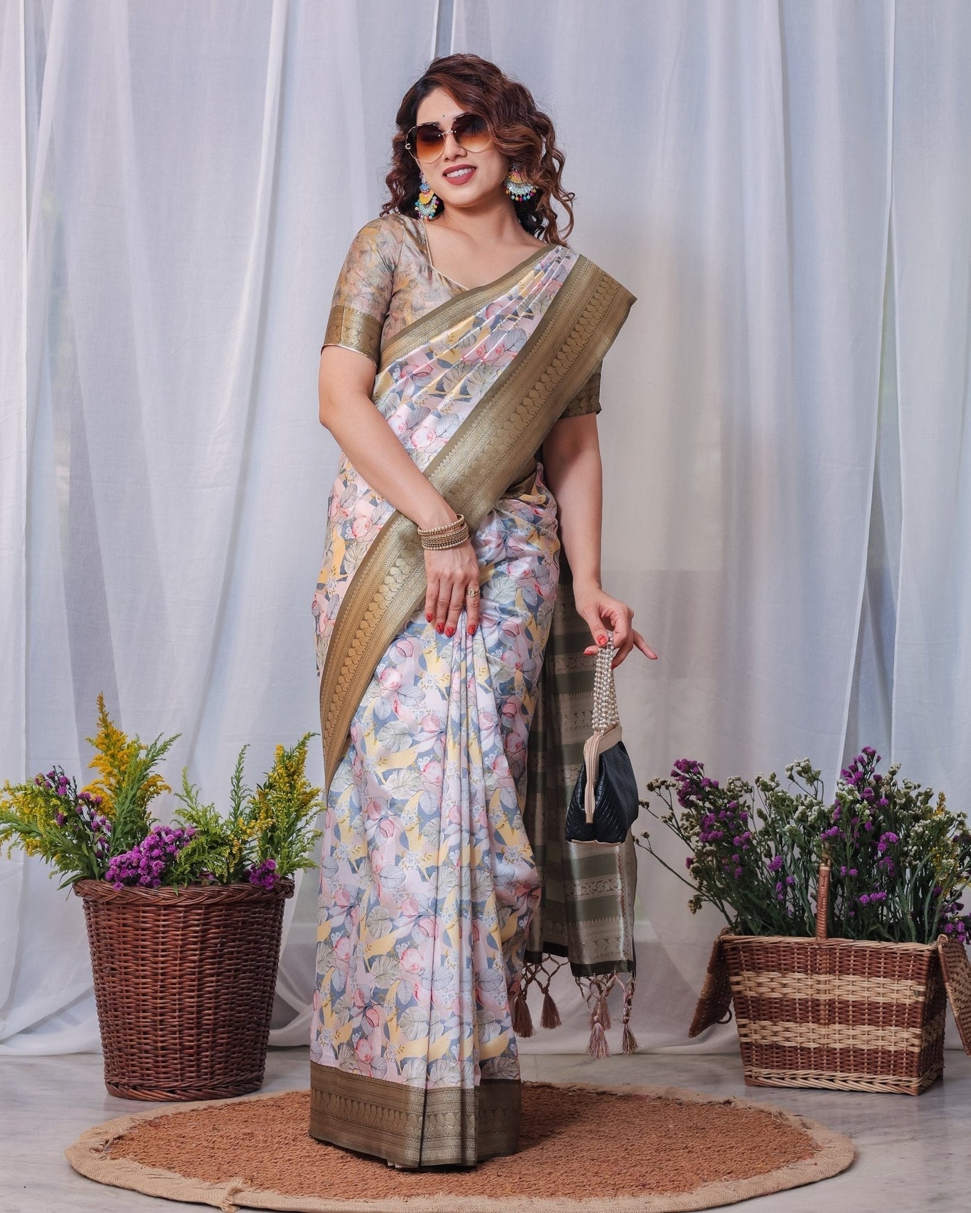 Pure Banarasi Digitally Printed Silk Saree Weaved With Zari Comes With Tassels. - Almaari Fashion