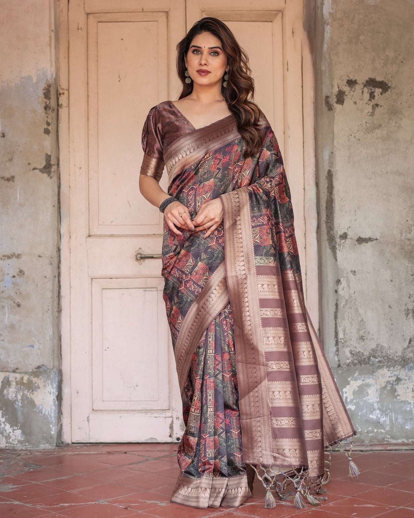 Pure Banarasi Digitally Printed Silk Saree Weaved With Zari Comes With Tassels. - Almaari Fashion