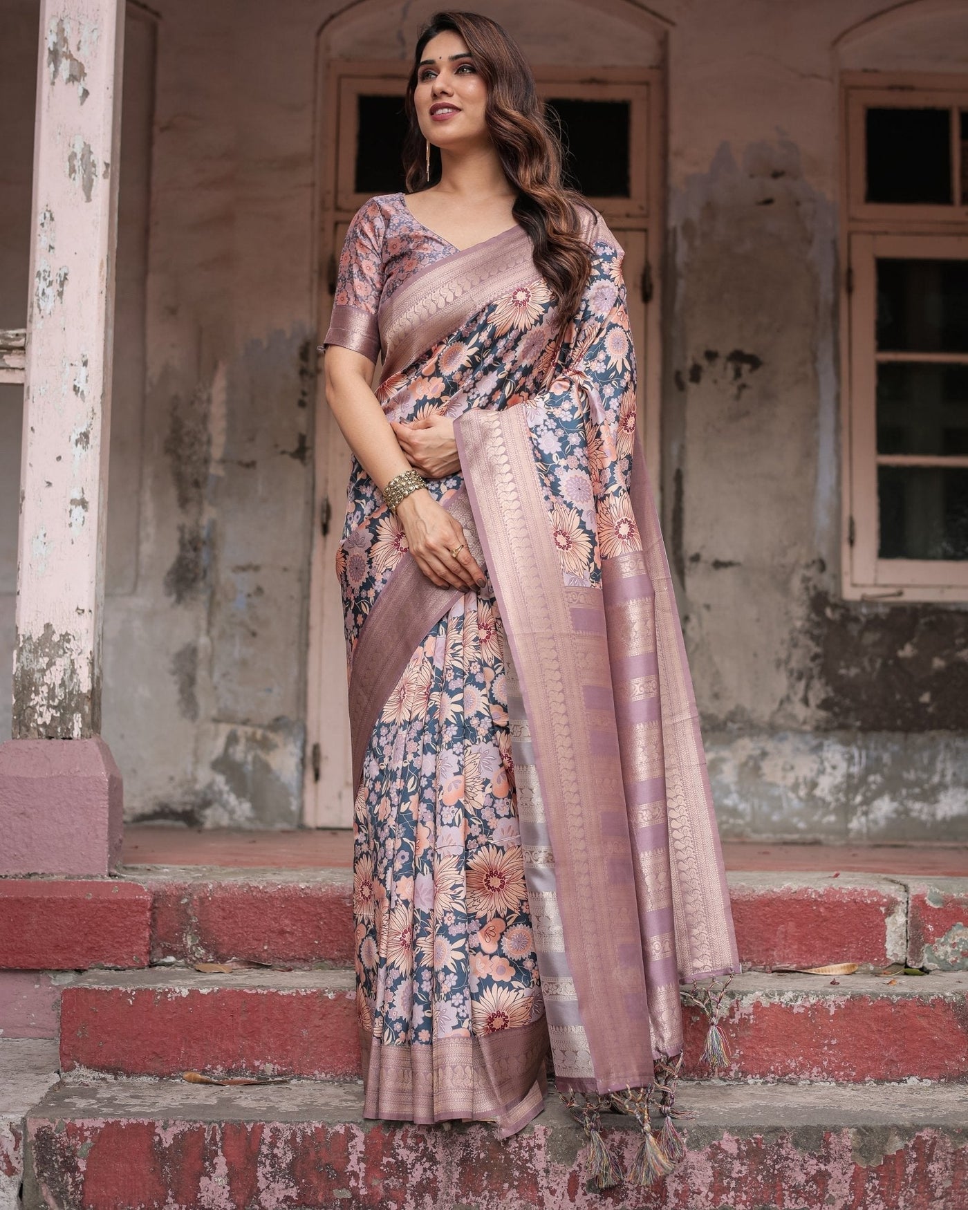 Pure Banarasi Digitally Printed Silk Saree Weaved With Zari Comes With Tassels. - Almaari Fashion