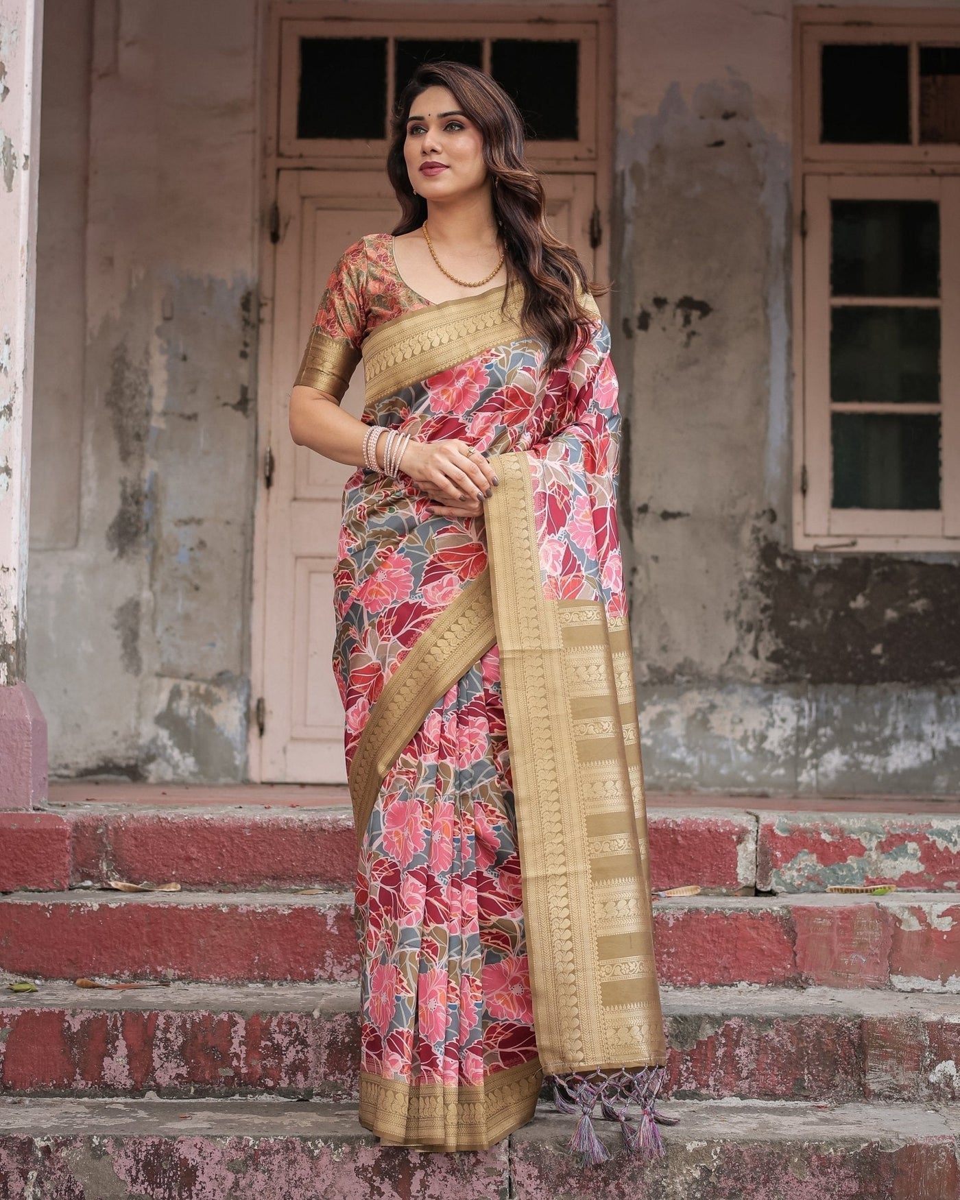 Pure Banarasi Digitally Printed Silk Saree Weaved With Zari Comes With Tassels - Almaari Fashion