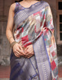 Multicolor Banarasi Silk Saree with Abstract Checkered Print & Lavender Zari Border