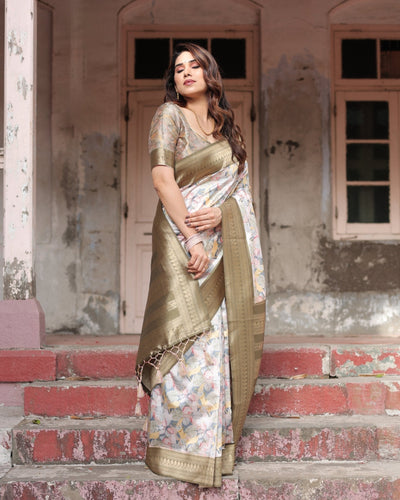 Pure Banarasi Digitally Printed Silk Saree Weaved With Zari Comes With Tassels - Almaari Fashion