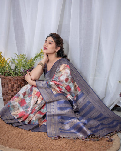 Pure Banarasi Digitally Printed Silk Saree Weaved With Zari Comes With Tassels. - Almaari Fashion