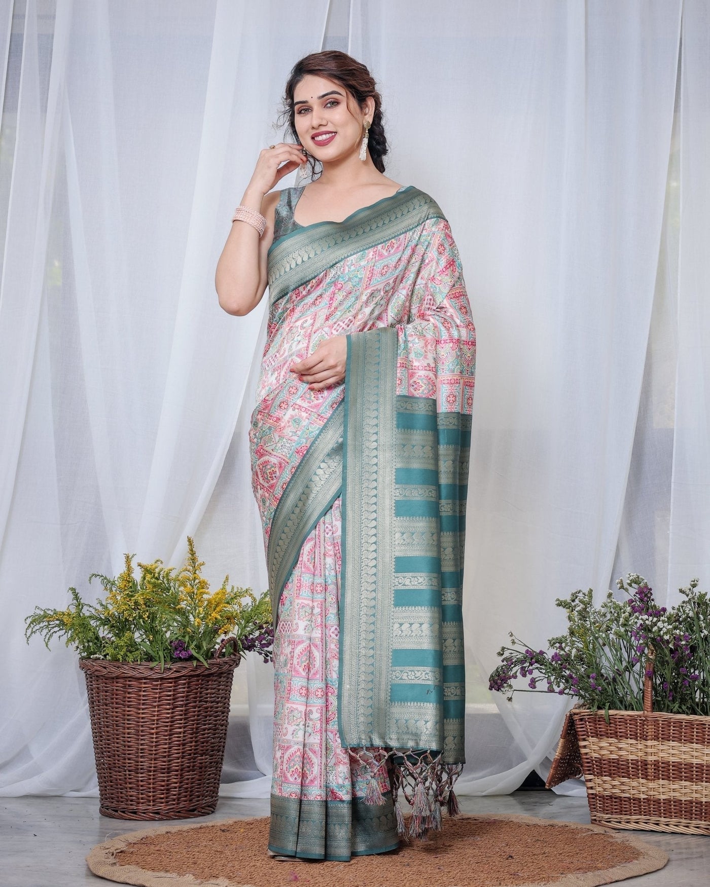 Pure Banarasi Digitally Printed Silk Saree Weaved With Zari Comes With Tassels. - Almaari Fashion