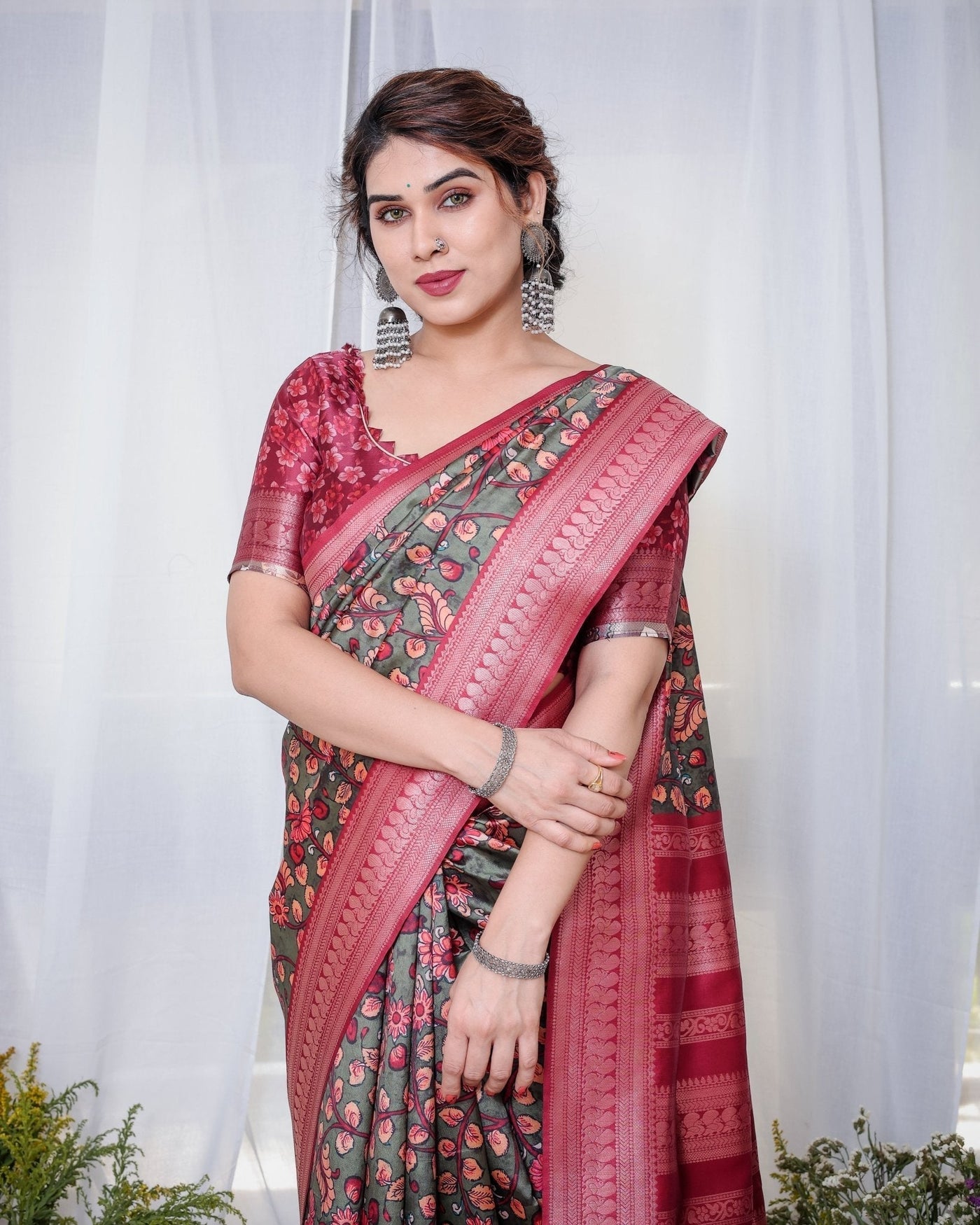 Pure Banarasi Digitally Printed Silk Saree Weaved With Zari Comes With Tassels. - Almaari Fashion