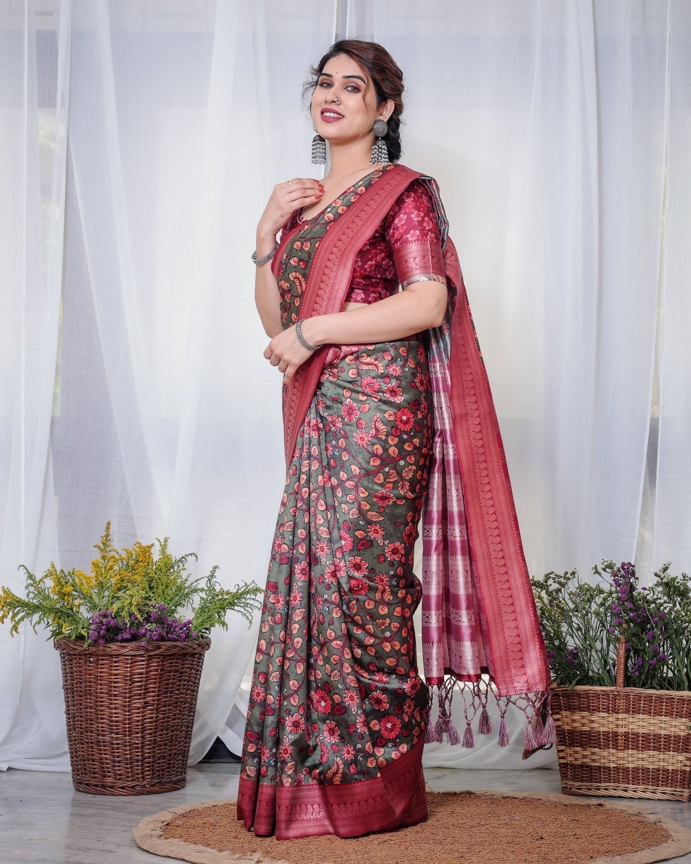 Pure Banarasi Digitally Printed Silk Saree Weaved With Zari Comes With Tassels. - Almaari Fashion