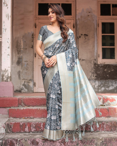 Pure Banarasi Digitally Printed Silk Saree Weaved With Zari Comes With Tassels - Almaari Fashion