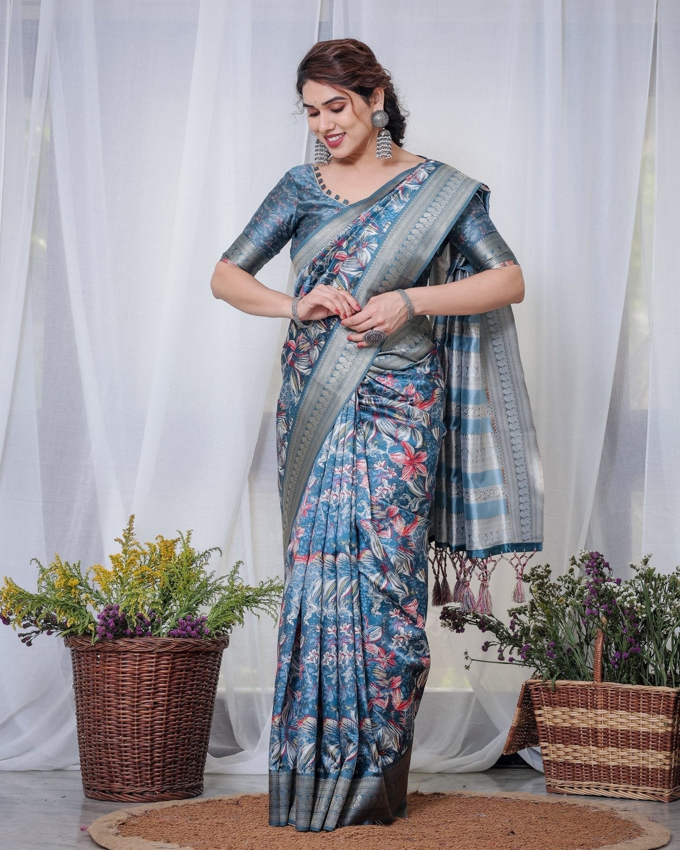 Pure Banarasi Digitally Printed Silk Saree Weaved With Zari Comes With Tassels. - Almaari Fashion