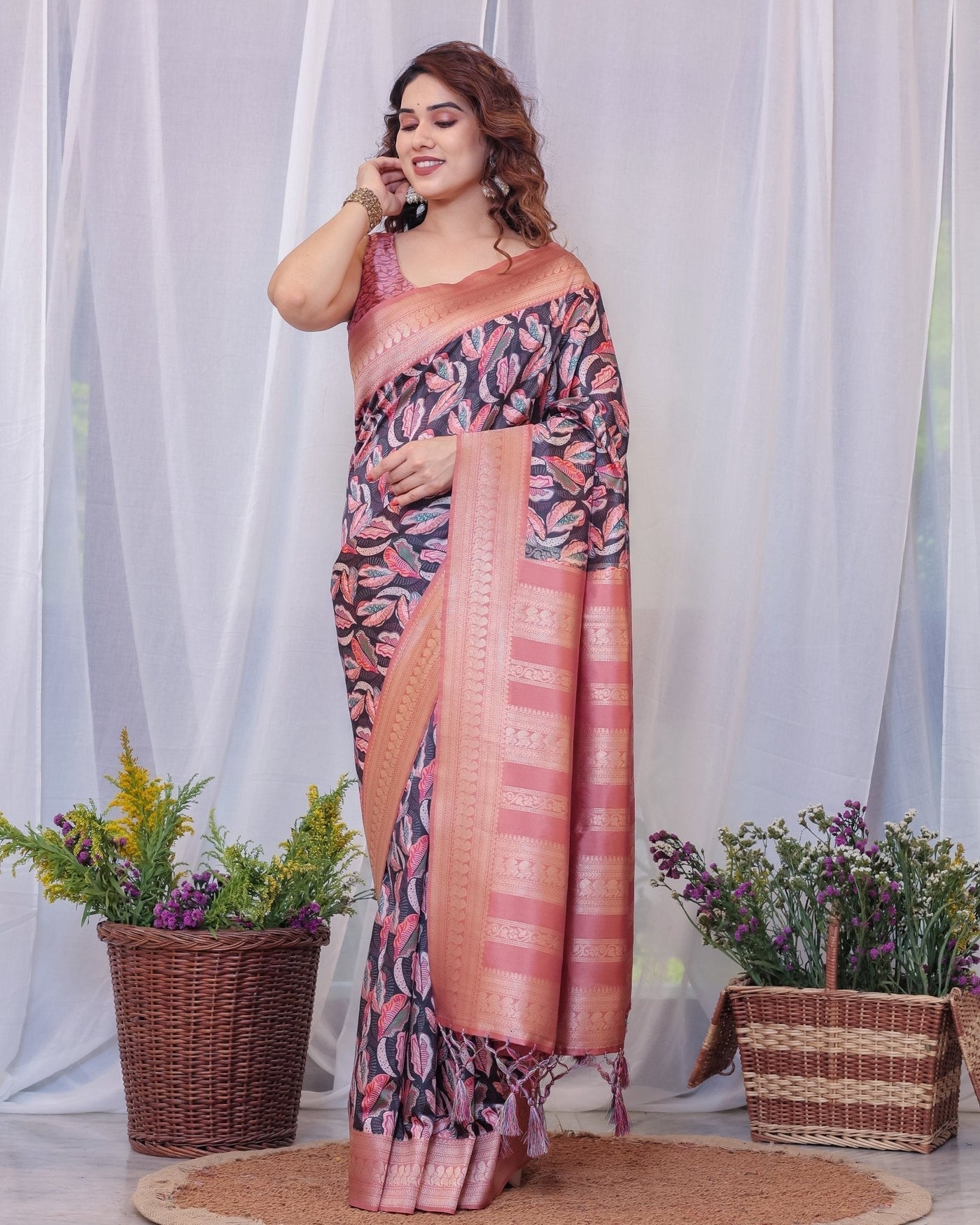 Pure Banarasi Digitally Printed Silk Saree Weaved With Zari Comes With Tassels. - Almaari Fashion