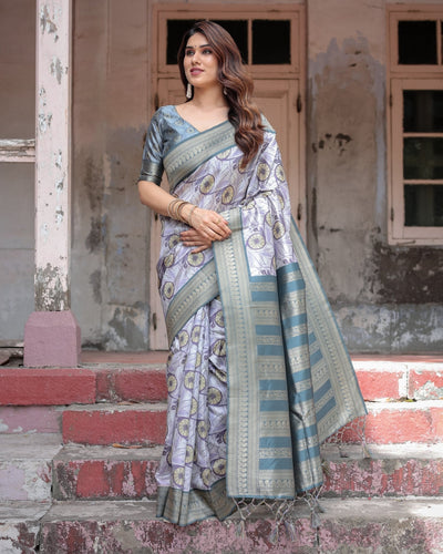 Pure Banarasi Digitally Printed Silk Saree Weaved With Zari Comes With Tassels - Almaari Fashion