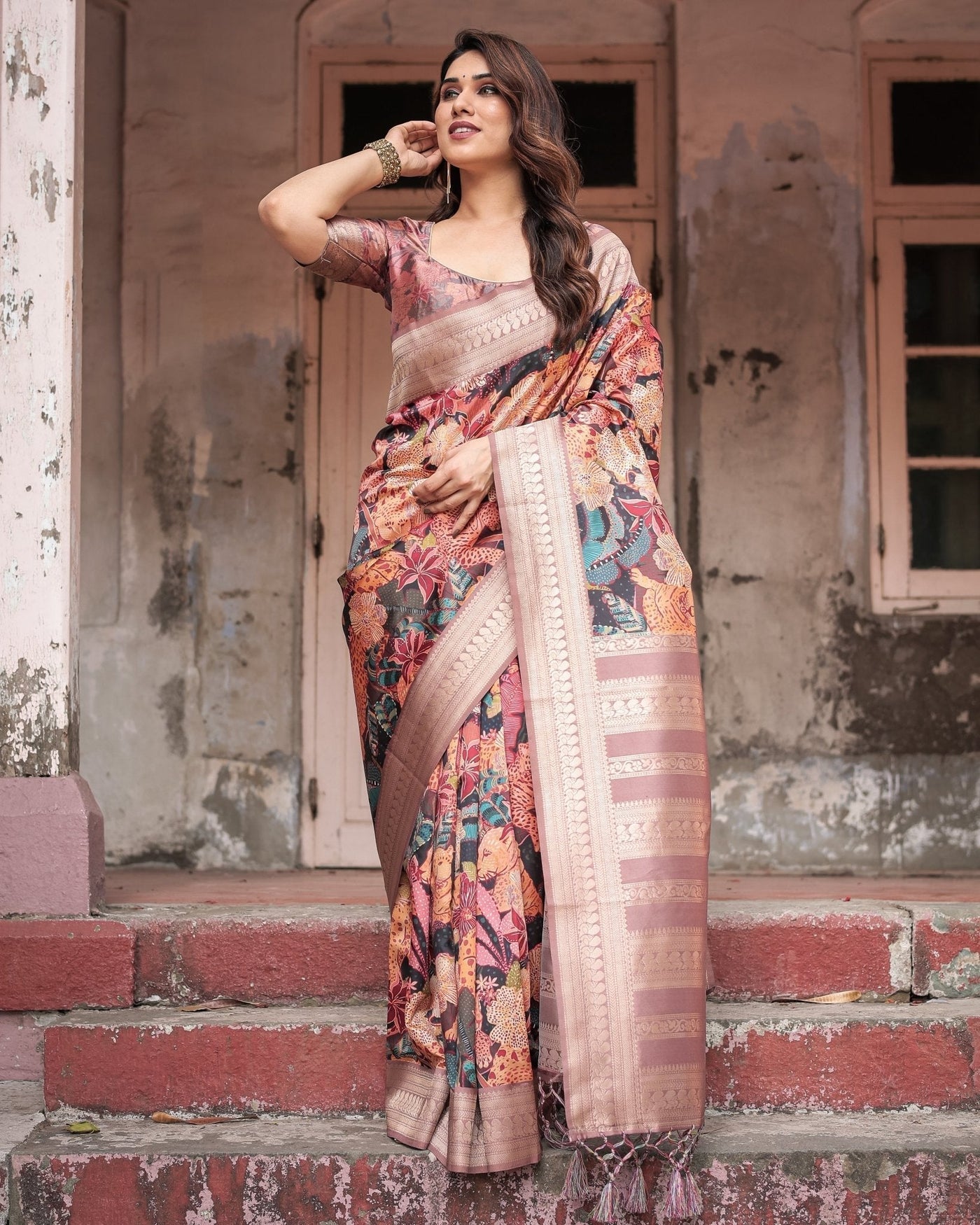 Pure Banarasi Digitally Printed Silk Saree Weaved With Zari Comes With Tassels - Almaari Fashion