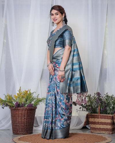 Pure Banarasi Digitally Printed Silk Saree Weaved With Zari Comes With Tassels. - Almaari Fashion