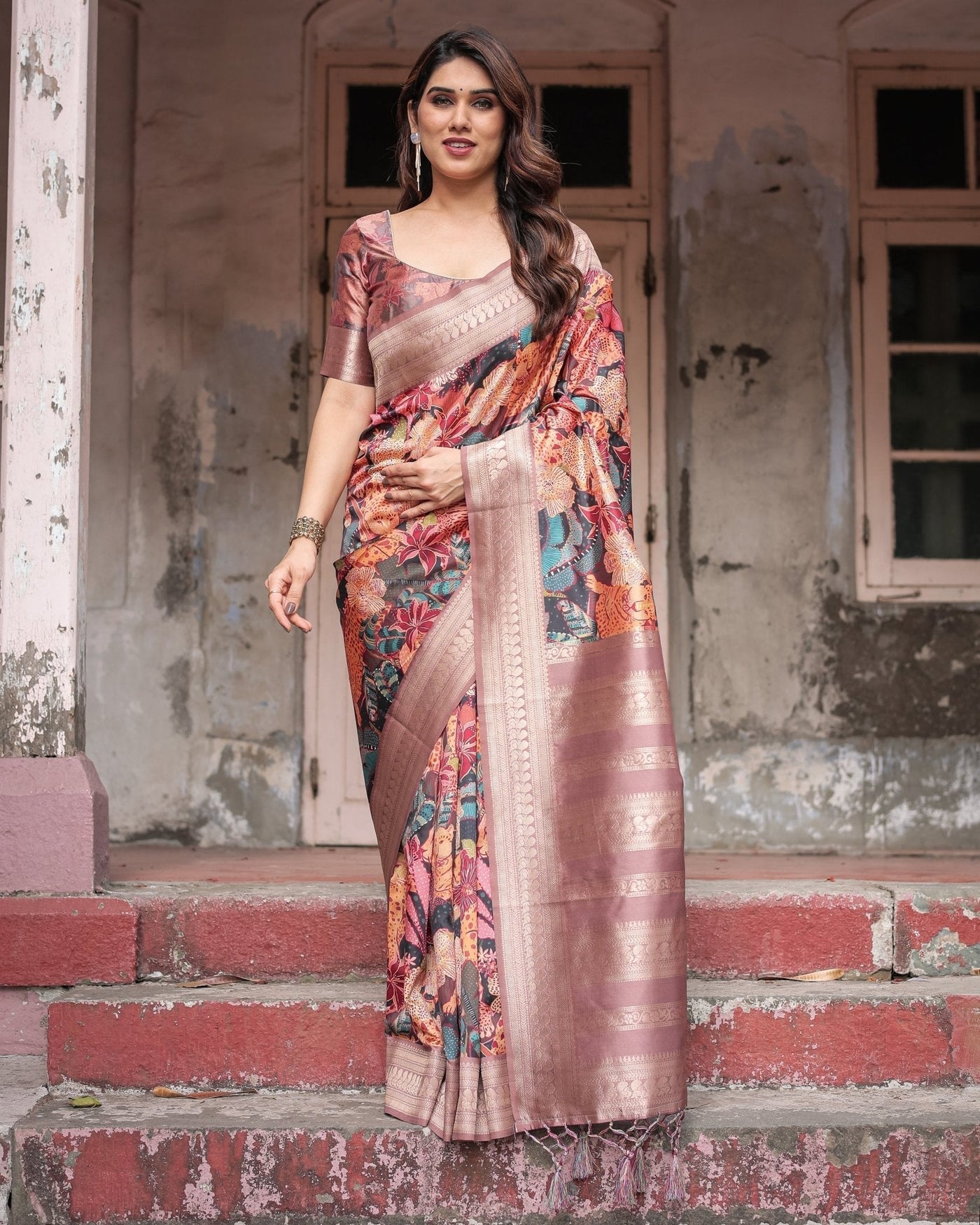 Pure Banarasi Digitally Printed Silk Saree Weaved With Zari Comes With Tassels - Almaari Fashion