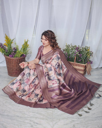 Pure Banarasi Digitally Printed Silk Saree Weaved With Zari Comes With Tassels. - Almaari Fashion