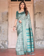 Teal Green Banarasi Silk Saree with Geometric Digital Print & Intricate Zari Border