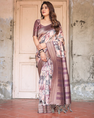 Pure Banarasi Digitally Printed Silk Saree Weaved With Zari Comes With Tassels. - Almaari Fashion