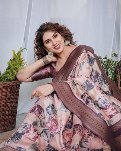 Pure Banarasi Digitally Printed Silk Saree Weaved With Zari Comes With Tassels. - Almaari Fashion