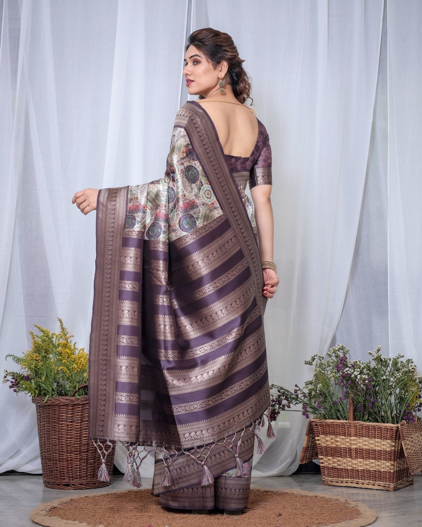 Pure Banarasi Digitally Printed Silk Saree Weaved With Zari Comes With Tassels. - Almaari Fashion