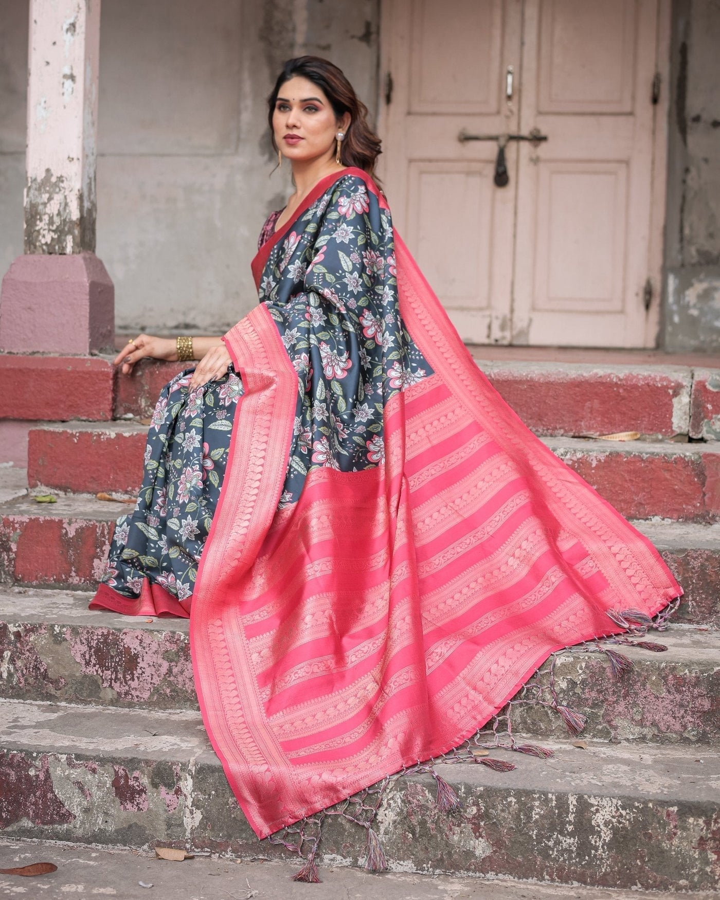 Pure Banarasi Digitally Printed Silk Saree Weaved With Zari Comes With Tassels - Almaari Fashion