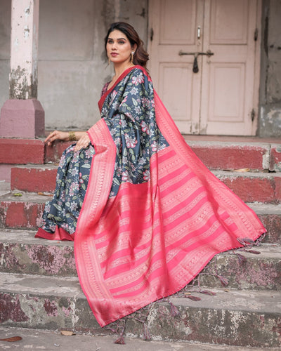 Pure Banarasi Digitally Printed Silk Saree Weaved With Zari Comes With Tassels - Almaari Fashion