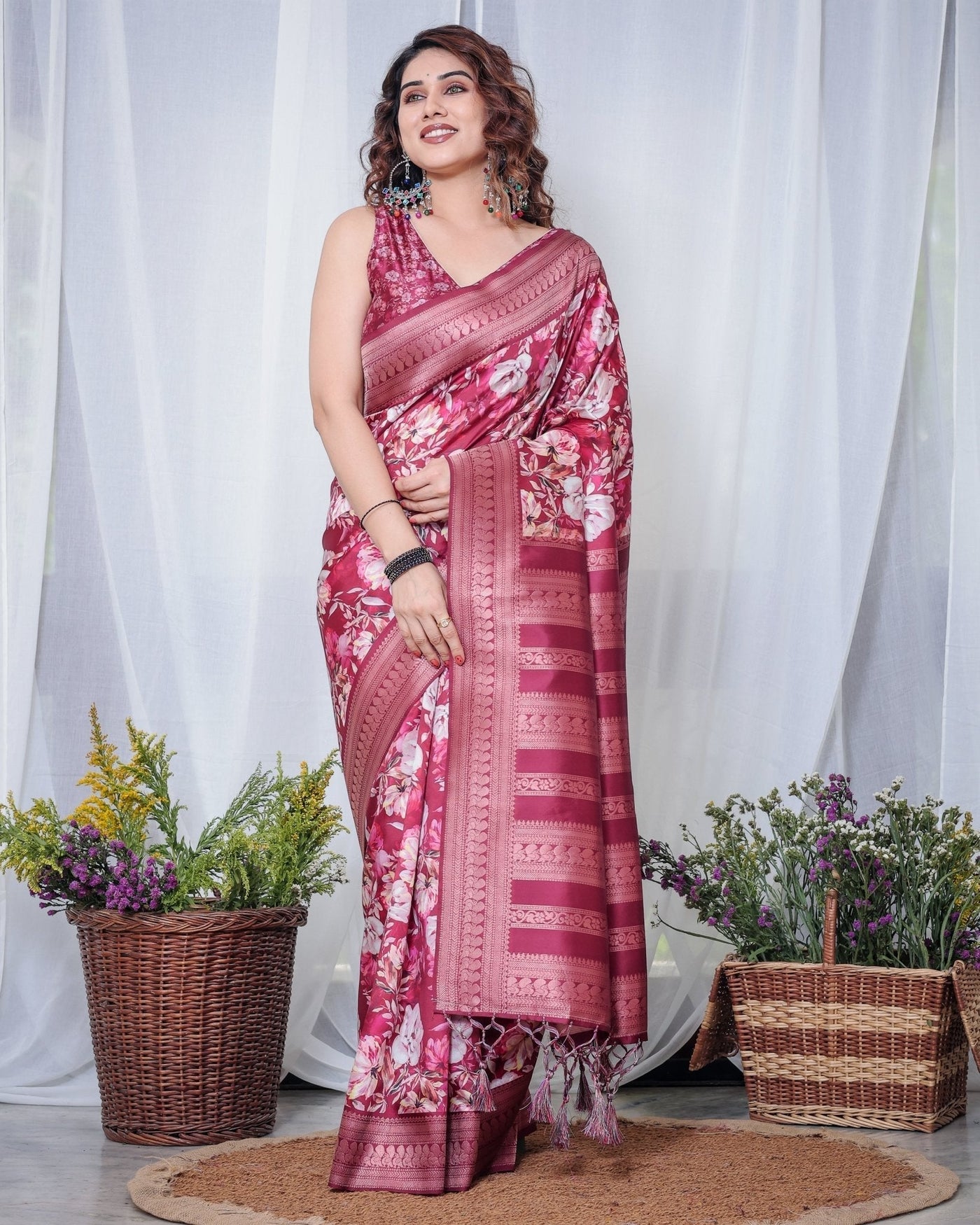 Pure Banarasi Digitally Printed Silk Saree Weaved With Zari Comes With Tassels. - Almaari Fashion