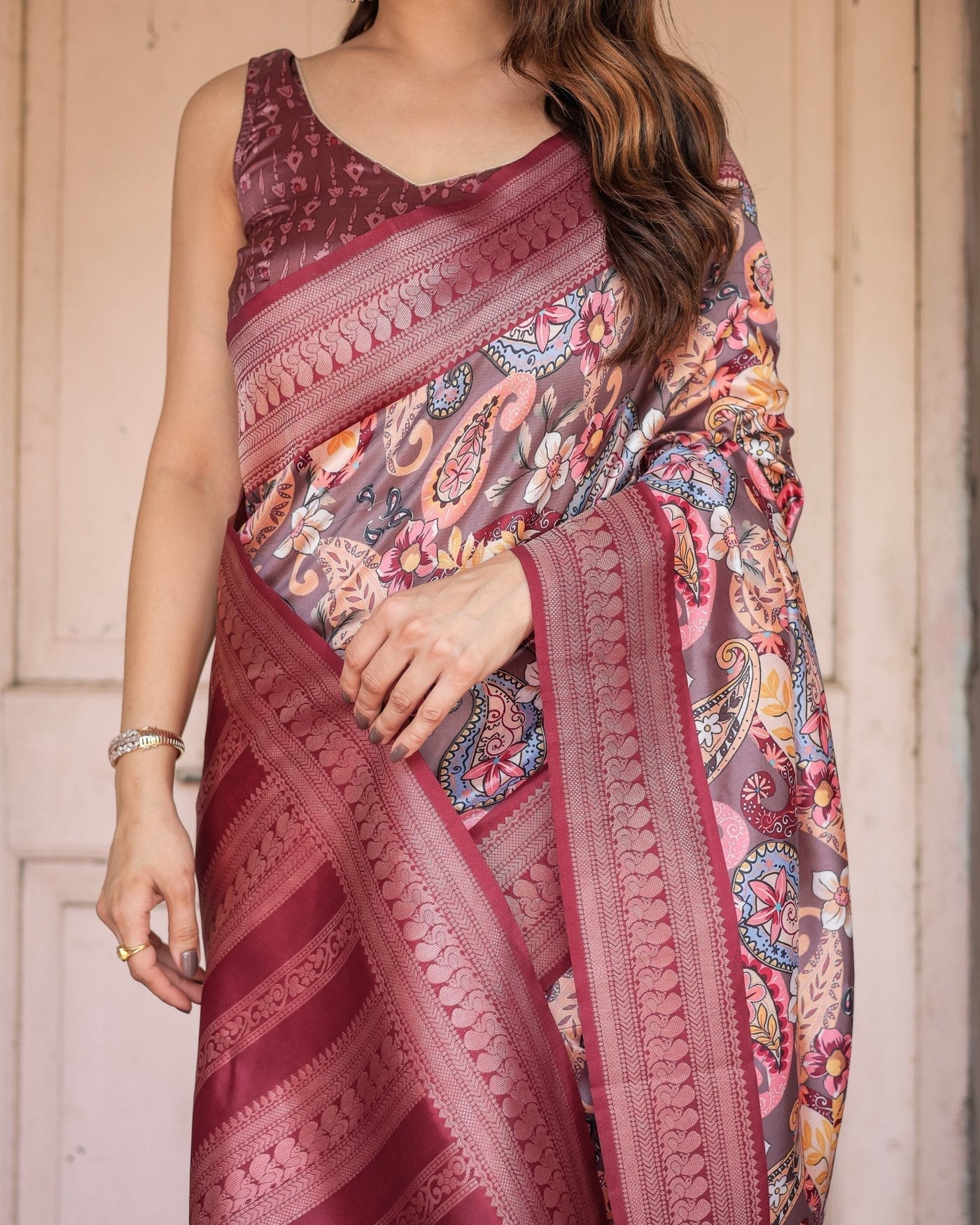 Pure Banarasi Digitally Printed Silk Saree Weaved With Zari Comes With Tassels. - Almaari Fashion