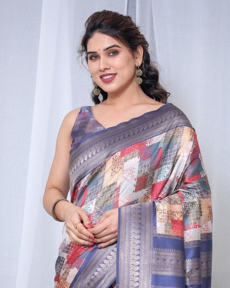 Pure Banarasi Digitally Printed Silk Saree Weaved With Zari Comes With Tassels. - Almaari Fashion