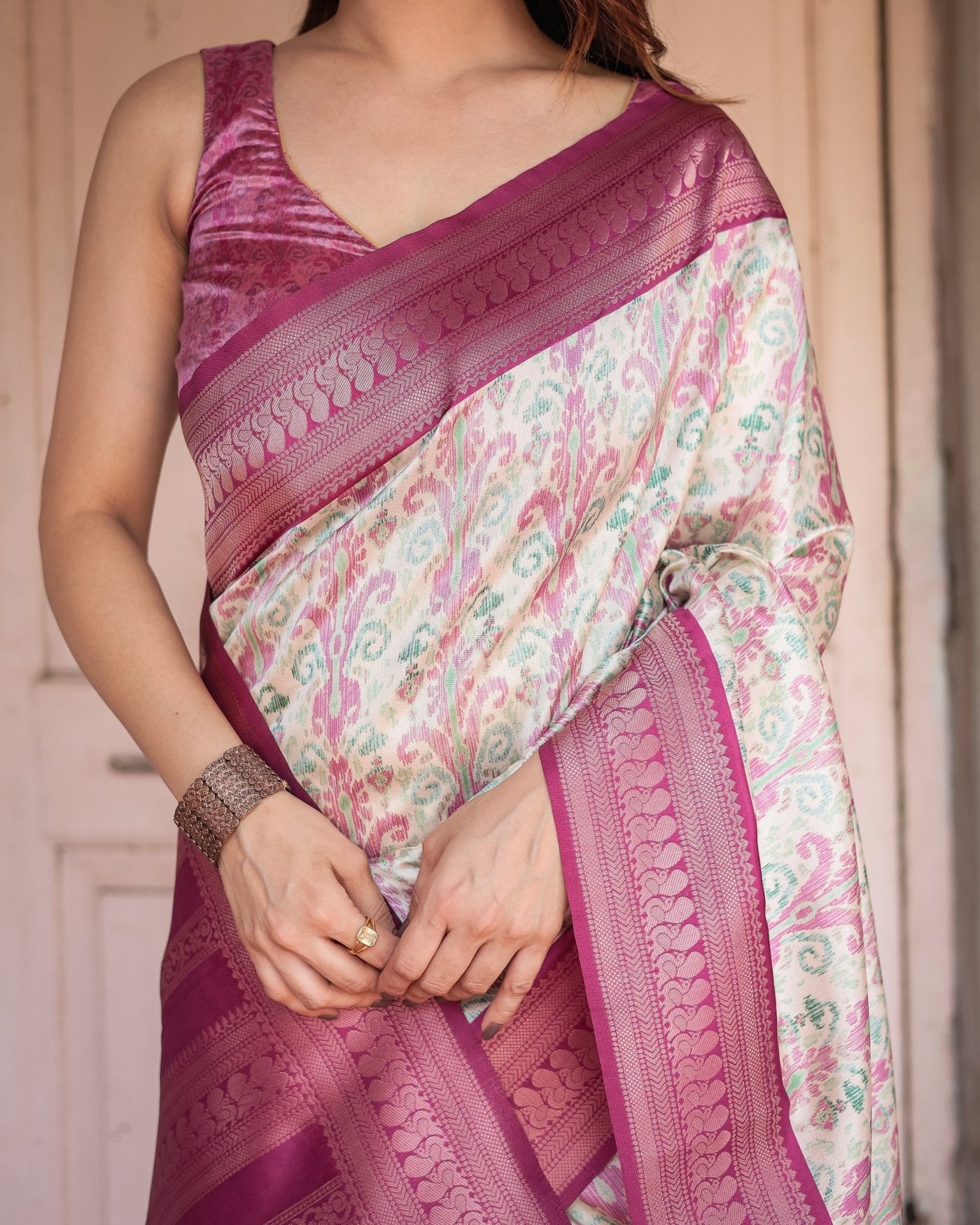 Pure Banarasi Digitally Printed Silk Saree Weaved With Zari Comes With Tassels. - Almaari Fashion