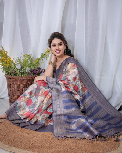 Pure Banarasi Digitally Printed Silk Saree Weaved With Zari Comes With Tassels. - Almaari Fashion