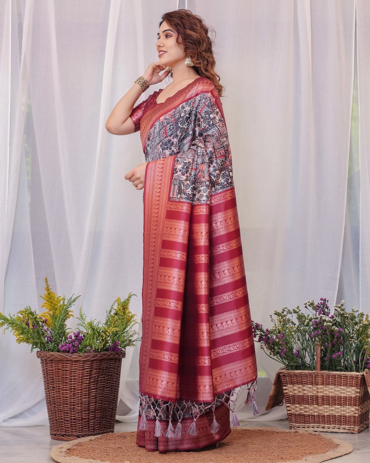 Pure Banarasi Digitally Printed Silk Saree Weaved With Zari Comes With Tassels. - Almaari Fashion