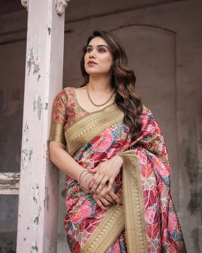 Pure Banarasi Digitally Printed Silk Saree Weaved With Zari Comes With Tassels - Almaari Fashion