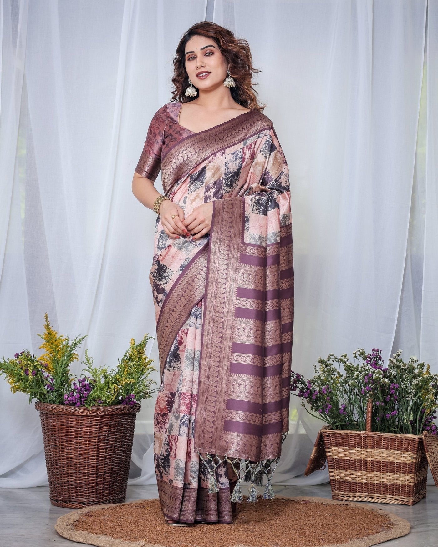 Pure Banarasi Digitally Printed Silk Saree Weaved With Zari Comes With Tassels. - Almaari Fashion