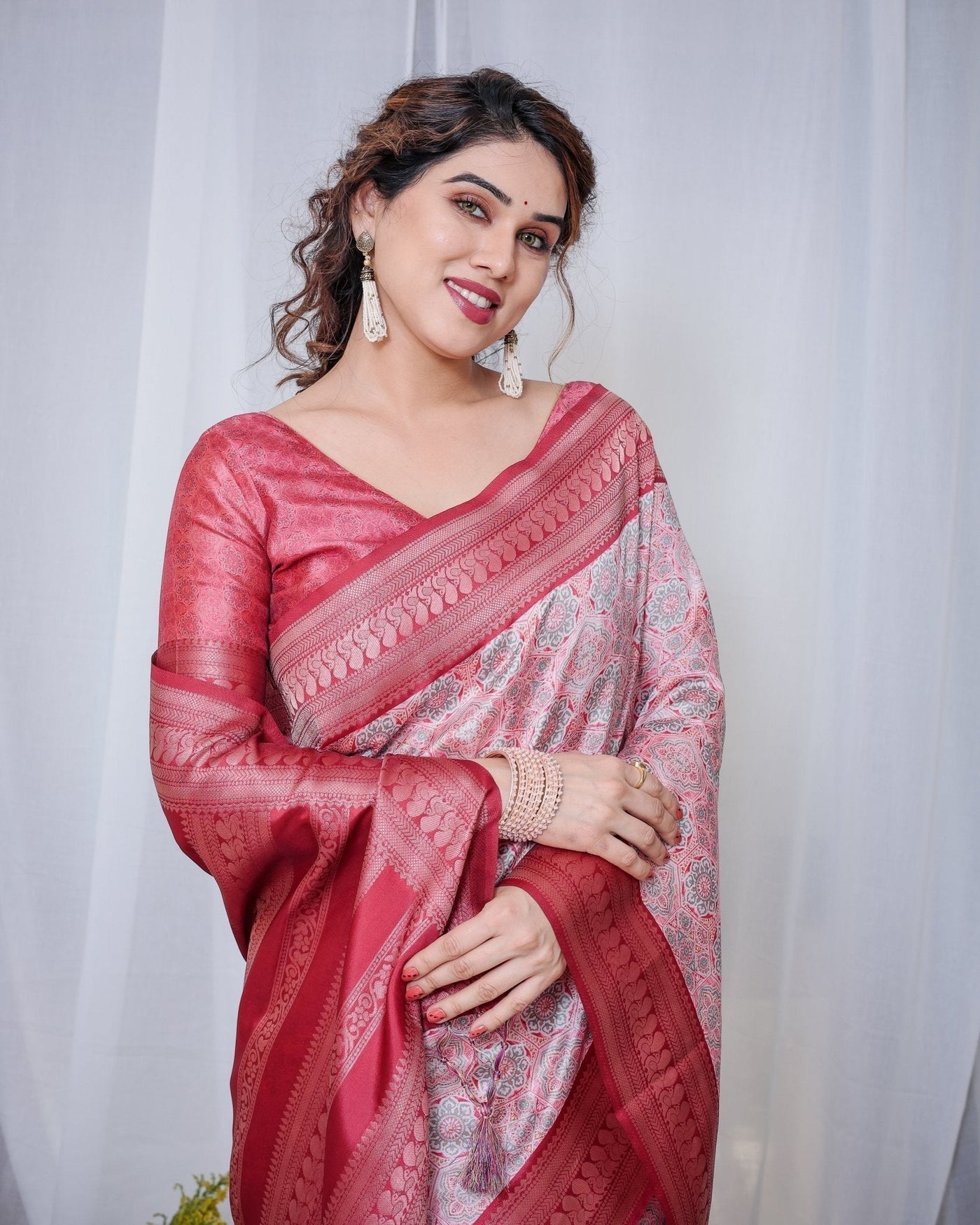 Pure Banarasi Digitally Printed Silk Saree Weaved With Zari Comes With Tassels. - Almaari Fashion