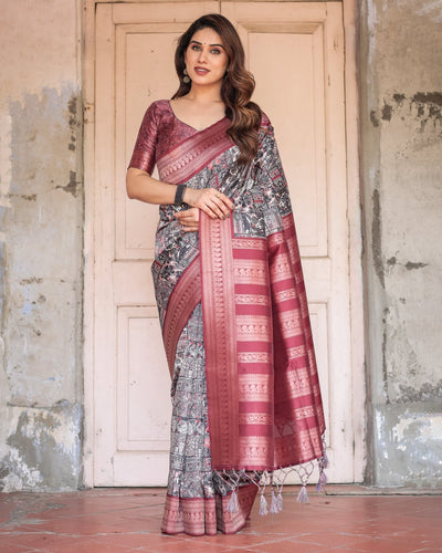 Pure Banarasi Digitally Printed Silk Saree Weaved With Zari Comes With Tassels. - Almaari Fashion