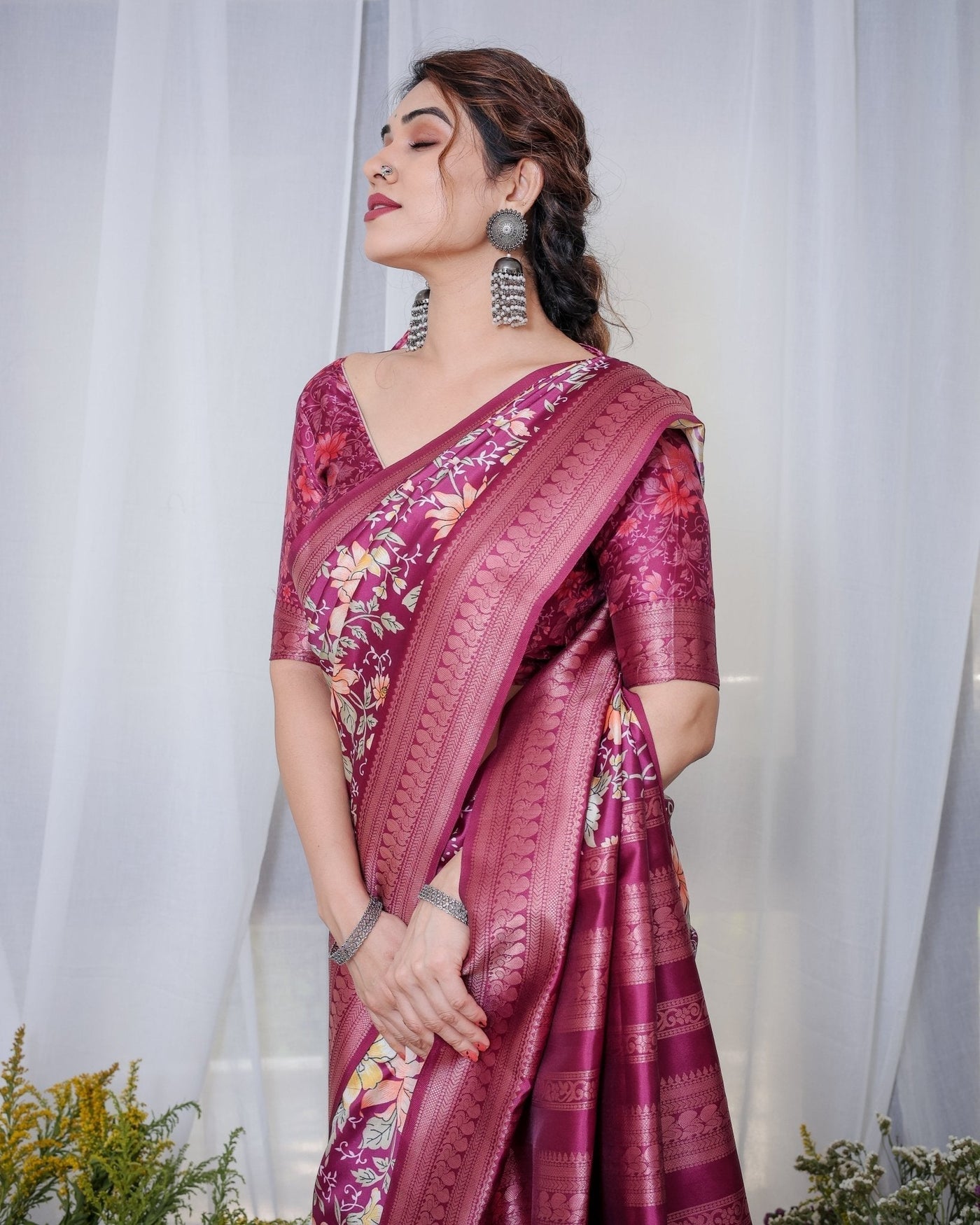 Pure Banarasi Digitally Printed Silk Saree Weaved With Zari Comes With Tassels. - Almaari Fashion