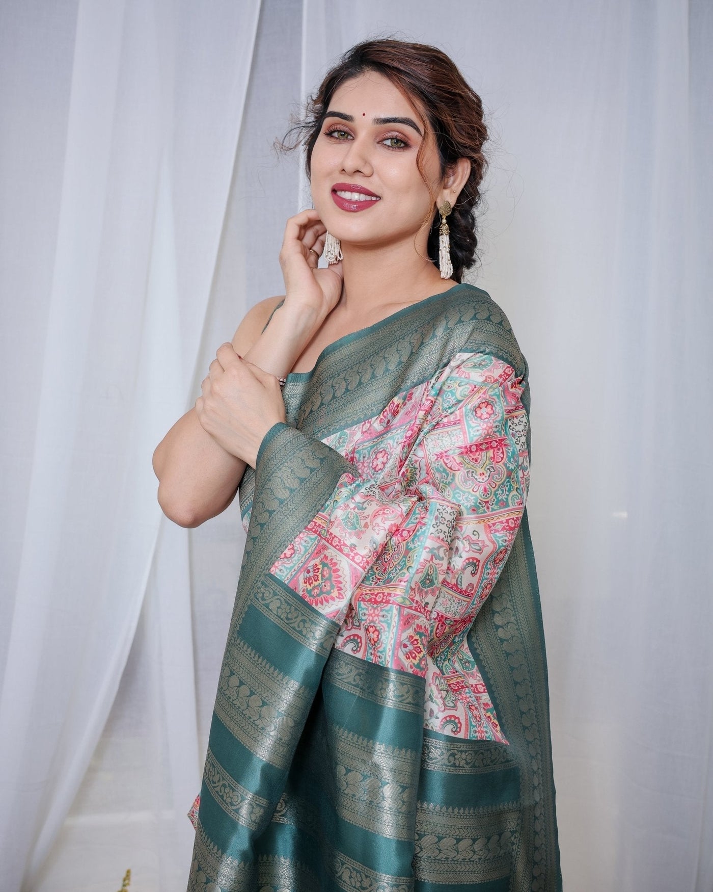 Pure Banarasi Digitally Printed Silk Saree Weaved With Zari Comes With Tassels. - Almaari Fashion