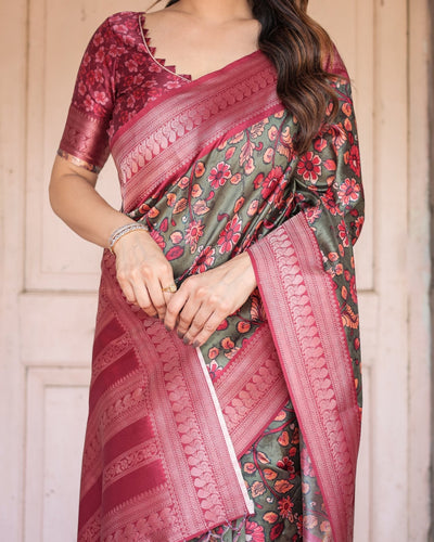 Pure Banarasi Digitally Printed Silk Saree Weaved With Zari Comes With Tassels. - Almaari Fashion