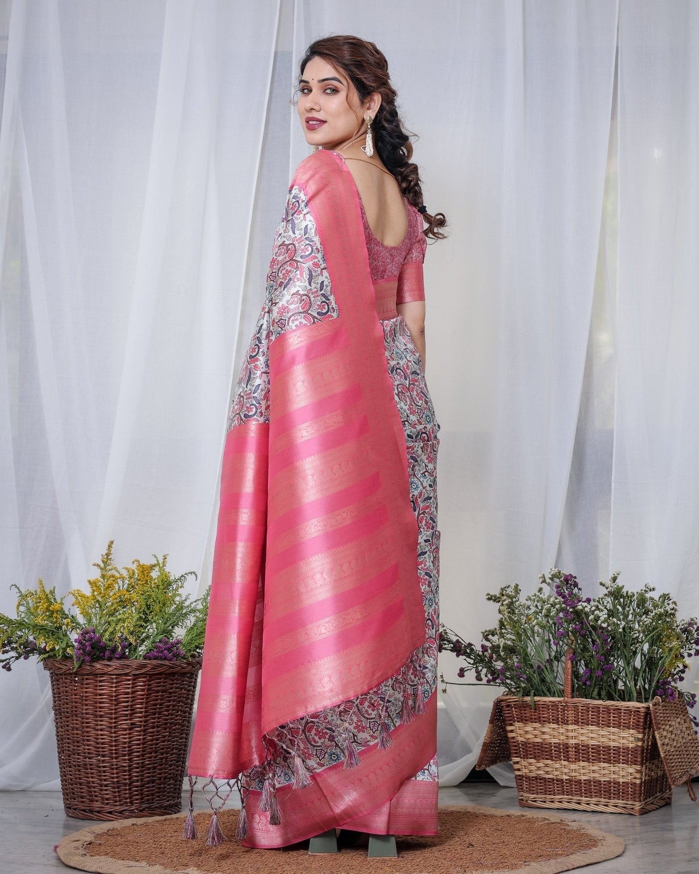 Pure Banarasi Digitally Printed Silk Saree Weaved With Zari Comes With Tassels. - Almaari Fashion