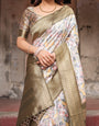 Ivory Banarasi Silk Saree with Gold Zari Border and Multicolor Floral Design