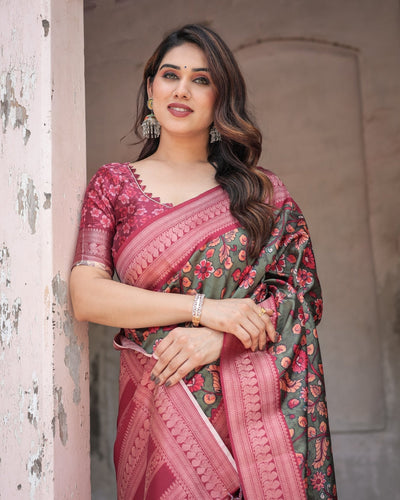 Pure Banarasi Digitally Printed Silk Saree Weaved With Zari Comes With Tassels. - Almaari Fashion