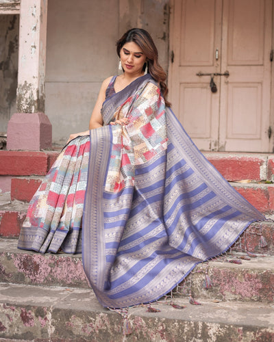 Pure Banarasi Digitally Printed Silk Saree Weaved With Zari Comes With Tassels - Almaari Fashion