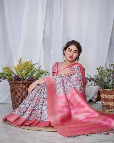 Pure Banarasi Digitally Printed Silk Saree Weaved With Zari Comes With Tassels. - Almaari Fashion